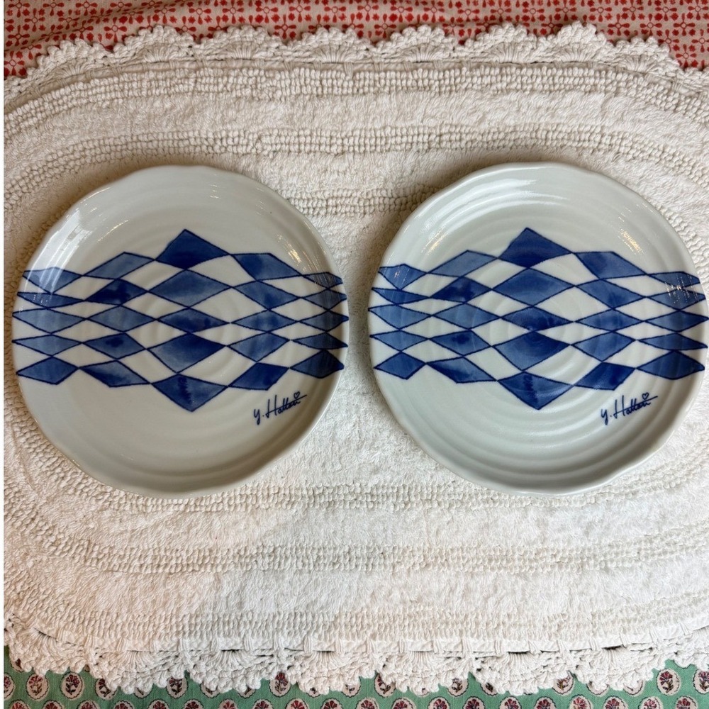 Yukio Hattori Vintage Japanese Ceramic Sora Plate Blue Diamond 9" MCM Set of 2